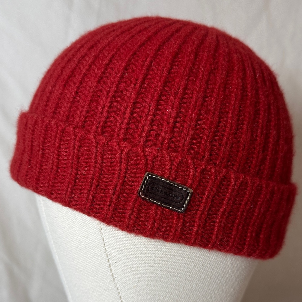 Coach Red Lambswool Blend Knit Beanie. OS.
